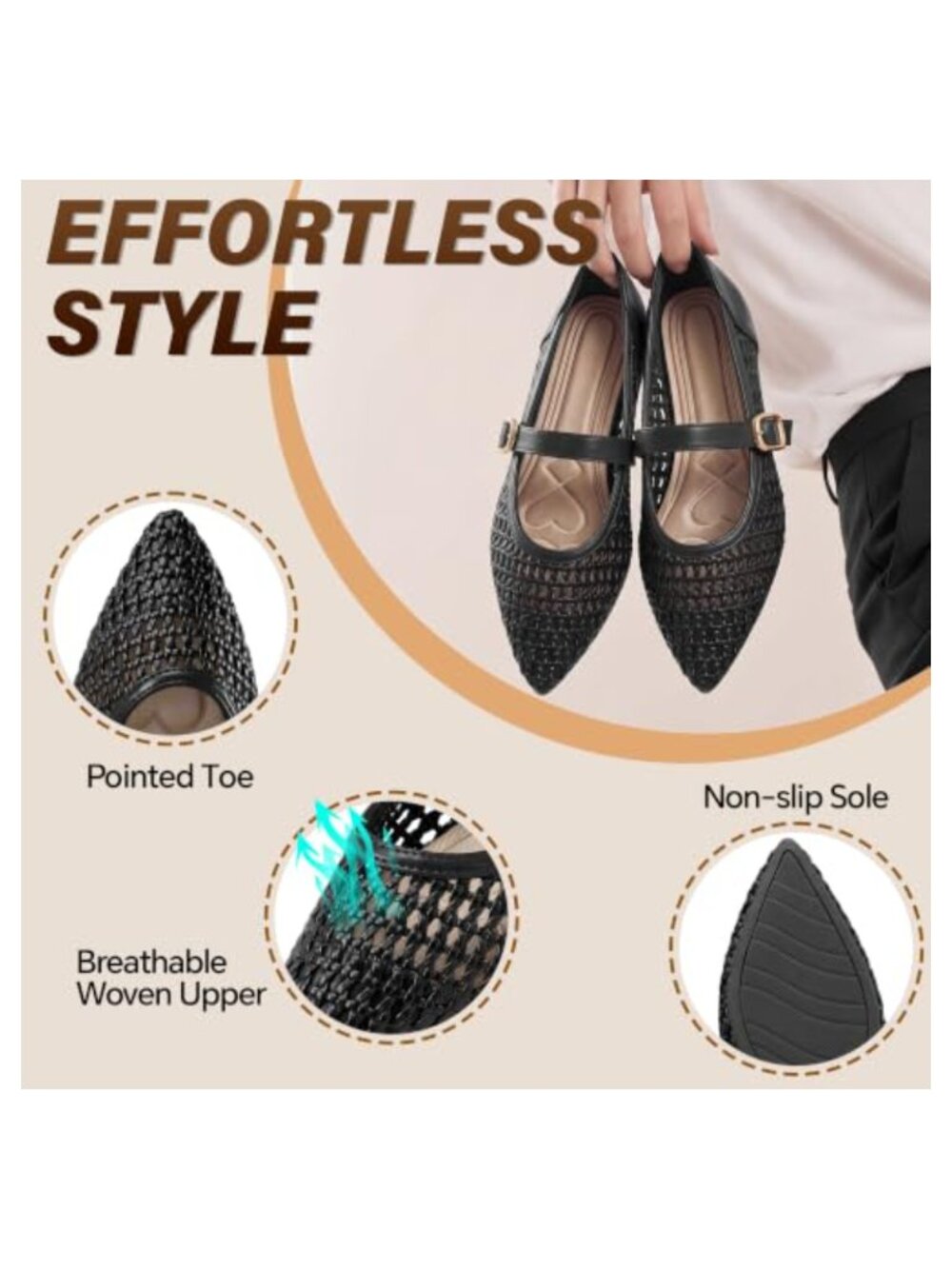 Woven Mesh Mary Jane Ballet Flats Pointed Toe Cushioned Comfort Shoes - Picture 4 of 6
